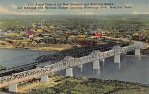 Memphis, TN Bridges over Mississippi River aerial view city Postcard linen vtg. - Picture 1 of 2