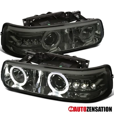 Fit 1999-2002 Chevy Silverado 00-06 Tahoe Smoke LED Halo Projector Headlights Foto 1 de 4