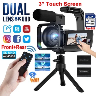 5K Camcorder Video Camera Dual Lens WiFi IR Night Vision Vlogging Camera 64GB US - Image 1 of 4