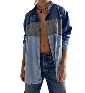 We The Free Moto Colorblock Denim Shirt Snap Closure Boho Womens LARGE $148 - Picture 1 of 8