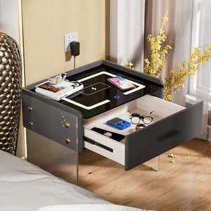 Dark Gray Single Drawer Smart Acrylic Leg Bedside Table Wireless Charging - Picture 1 of 17