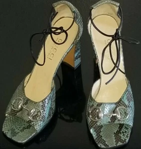 VTG GUCCI RUNWAY HORSEBIT PYTHON LEATHER OPEN TOE LACE UP SHOES SZ 8 MADE ITALY - Picture 1 of 10