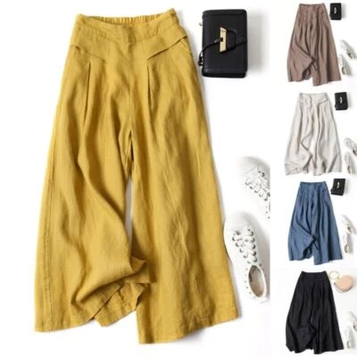 Ladies Trousers Wide Leg Long Baggy Cotton Linen Pants Women High Waist Work UK+ - Image 1 of 4