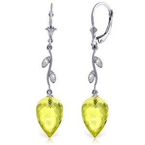 18.02 Carat 14K Solid White Gold Diamond Drop Lemon Quartz Earrings - Picture 1 of 3