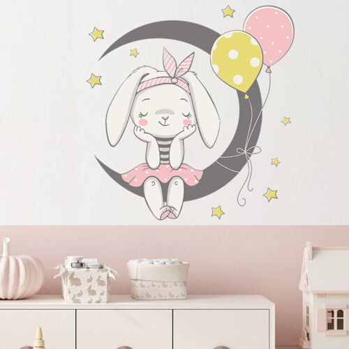 Cartoon Moon Bunny Wall Stickers Paper Kids Room Home Decor Background StickKX