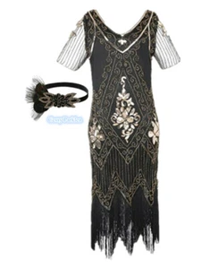 Deluxe Ladies 1920s Roaring 20s Flapper Gatsby Costume Sequins 8-20 Black Gold - Bild 1 von 13