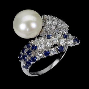 925 Sterling Silver Ring Round Pearl 10mm Natural Jewelry Size 8 - Picture 1 of 13