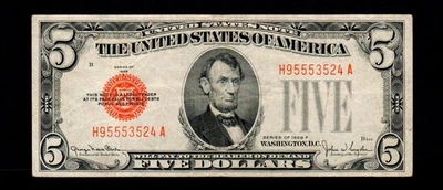 $5 1928-F Red Seal United States Note Free Shipping (B186) - Image 1 of 2