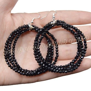 3mm Faceted Black Spinel Round Beads 4 Rows Rings Dangle Silver Hook Earrings - Picture 1 of 11