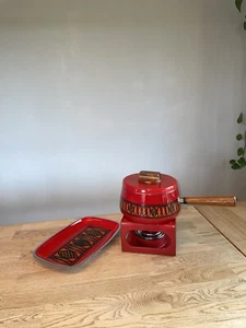 Silit Fondue Topf Stövchen und Servierplatte - Rot mit Muster Emaille Vintage - Bild 1 von 16