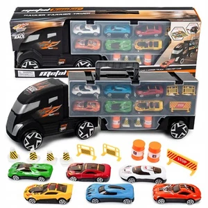 LKW Autotransporter mit 6 Mini Autos, Zubehör und Spielbrett für Kinder ab 3 - Bild 1 von 12