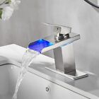 LED Waterfall Brushed Nickel Bathroom Sink Faucet Single Handle Basin Mixer Tap