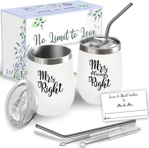 Mrs & Mrs Weinbecher 2er Set, 12 Oz Thermo Edelstahl, Lesbisch Hochzeit Geschenk - Bild 1 von 2