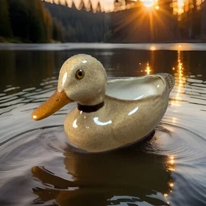 Vintage Keramik Ente Übertopf hellbraun gelb Glasaugen Wasservögel Vogel - Bild 1 von 10