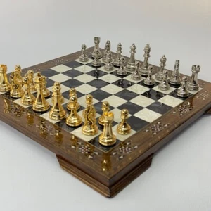 Classic Chess Set Handmade Brass Chessmrn Inlaid Wood Chess Board /Gift Ideas🎁 - Picture 1 of 11