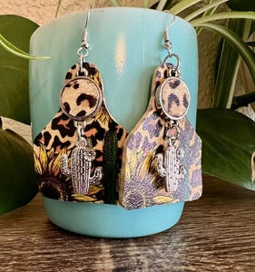 Damen Leopard Kaktus Kuh Anhänger Ohrringe Handarbeit mit Hänger Akzent NEU - Bild 1 von 3