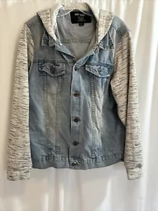 Chaqueta de camionero de mezclilla con capucha manga tejida de patio azul marino para hombre talla grande - Imagen 1 de 10