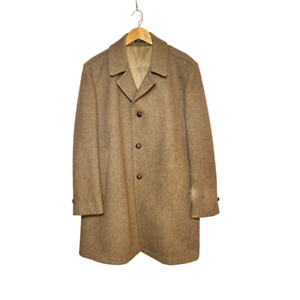 Vintage Tweed Coat Men Size 44 Classic Wool Blend Tan Herringbone Overcoat 