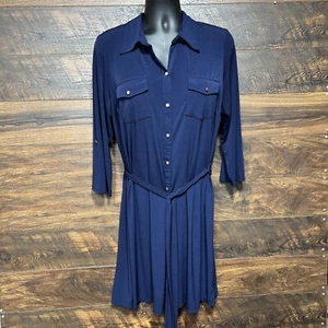 Notations Shirt Dress 2X Womens Long Sleeve Midi Navy Roll Tab Sleeve Pockets - Picture 1 of 13
