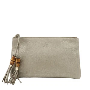 Authentic GUCCI Bamboo Leather Tassel Pouch Champaigne Beige 376854 Used F/S - Picture 1 of 19