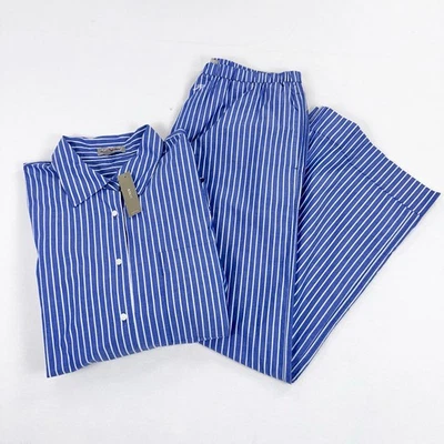 Conjunto de pantalón pijama de popelina de algodón relajado a rayas azules medianas J Crew para mujer Foto 1 de 4