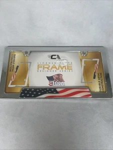 USA AMERICAN FLAG CHROME METAL LICENSE PLATE FRAME CAR/TRUCK TAG COVER/HOLDER US - Picture 1 of 7
