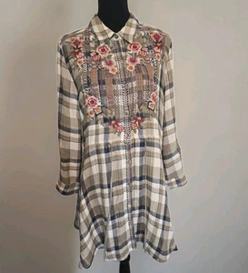 Vintage Johnny Was Workshop Gr. L bestickt kariert Button-Down Tunika Kleid/Shirt gebraucht, in einwandfreiem Zustand - Bild 1 von 18