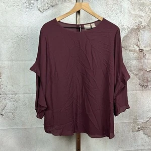 CHICO'S ruffled sleeve top size XL 3 burgundy georgette office blouse shirt - Picture 1 of 5