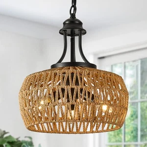 Rattan Light Fixture for Dining Room, 3-Light Boho Chandelier with Wicker Lam... - Picture 1 of 6