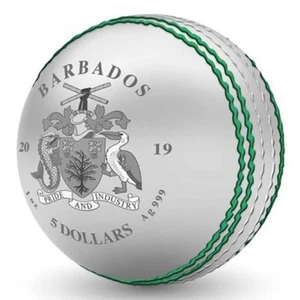 BARBADOS 5 Dollars 2019 Silver 1oz. Ball Shaped ICC Cricket World Cup - Picture 1 of 6
