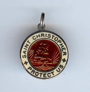 VINTAGE STERLINGSILBER ORANGE & WEISSE EMAILLE ST CHRISTOPHER PROTECT US CHARM - Bild 1 von 2