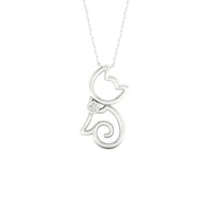 925 Sterling Silver 1/20 Ct Diamond Cat Pendant Necklace H-I Color, I2 Clarity - Picture 1 of 4