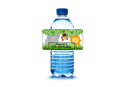 10 jungle safari birthday party, baby shower water bottle labels stickers tags  - Image 1 of 2