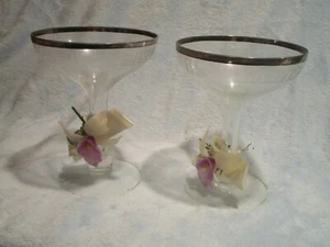 Vintage Etched 25th Anniversary Champagne Glasses Silver Rim, Ribbon and Orchid - Picture 1 of 2