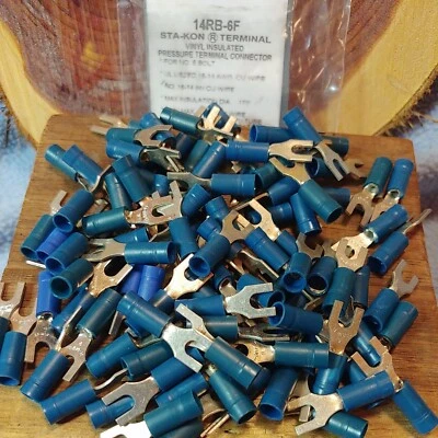 (100) 14RB-6F Sta-Kon Fork Vinyl Insul. Terminal Connector #6 bolt 18-14 AWG T&B - Image 1 of 3