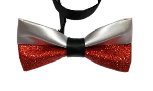 New Men PVC Faux Leather Silver and Red Stitching Bow Tie Bowtie Wedding Party - Picture 1 of 3