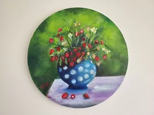 Oil Painting Canvas Strawberries in Vase Sell On Consignment For Artist 20'' - Picture 1 of 2