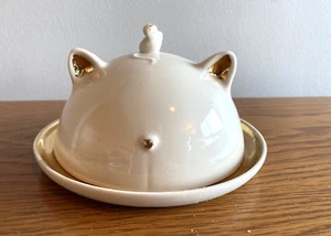 Anthropologie Balou Butter Dish Cat With Mouse Off White Gold Tone - Picture 1 of 10
