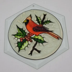 Vtg Cardinal Bird Glass Suncatcher Christmas Winter Ice Frosted Ivy Mistletoe - Picture 1 of 9