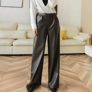 Women's Casual Long Wide Legs Trousers Pu Leather High Waist Loose Pants Fashion - Picture 1 of 16