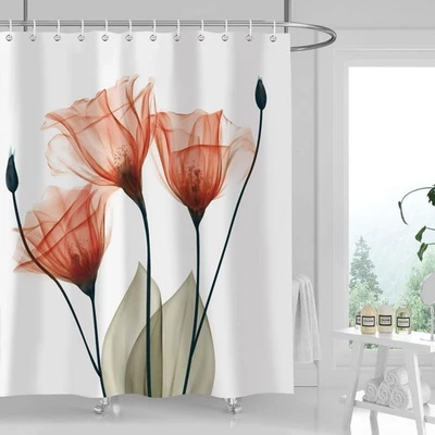 72x72 inch Orange Floral Tulip Shower Curtain Watercolor Fabric with Hooks - Image 1 of 4