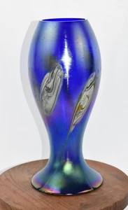 Antique Rindskopf Cobalt Iridescent Pulled Feather Blown Art Nouveau Glass Vase - Picture 1 of 18