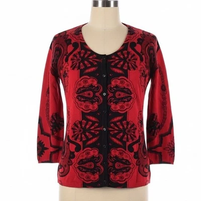 Cárdigan Elizabeth New York Rojo Negro Paisley Petite L Adornado Boho Chic Foto 1 de 4
