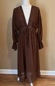 NWT Cider Large Brown Embroidered Ruffle Sleeve Peasant Dress - Picture 1 of 6