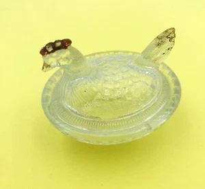Small Miniature Hen on Nest Clear glass Salt Dip Cellar Red Comb - Picture 1 of 7