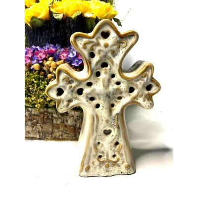 Stone-like Drip Glazed Ceramic Cross Tea Light Candle Holder Luminary Tan White - Image 1 of 4