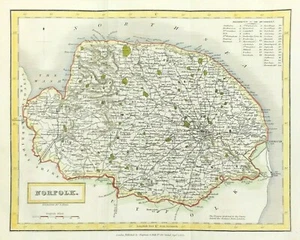 map of Norfolk by Sidney Hall lfine detail Original engraved hand colour 1831 - Picture 1 of 3