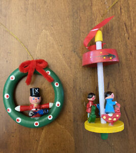 2 Vintage Wood Christmas Ornaments Lot Wreath Carousel Merry Go Round
