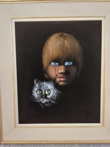 Big Eye Crying Boy With Crying Kitty Cat Original Signed Oil Painting ~ - Picture 1 of 11