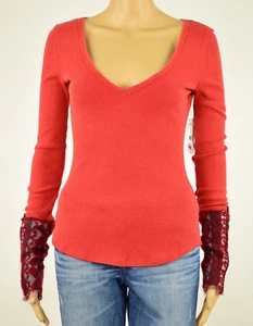 Free People Womens Red Textured Art School Embroidered Thermal Top S M L - Picture 1 of 3
